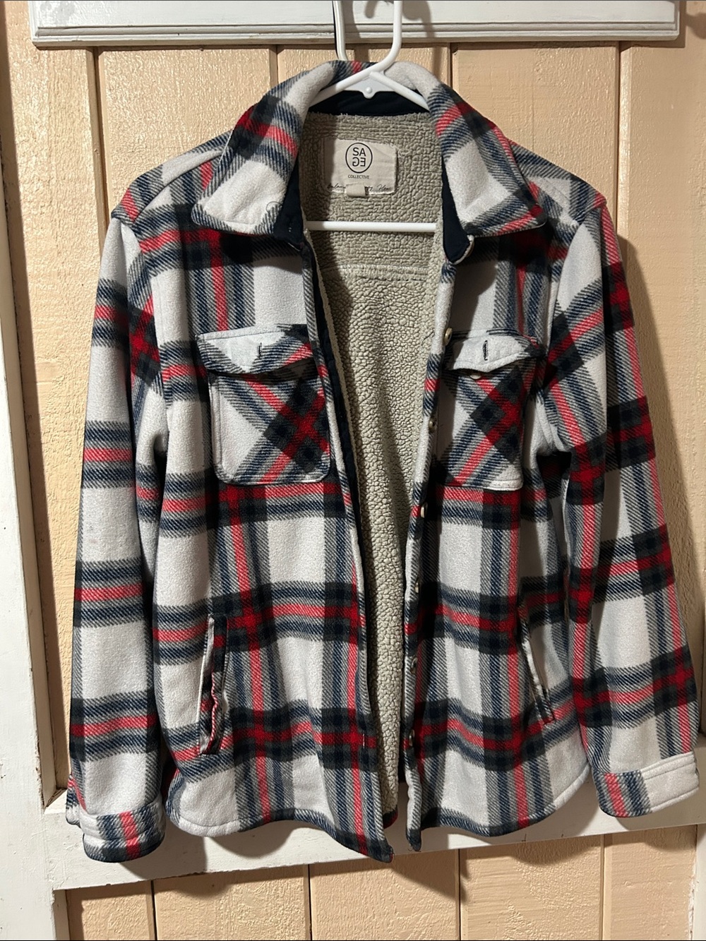 SAGE Collective Plaid Sherpa-Lined Shacket - White, Red & Black size M